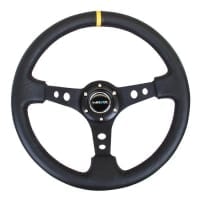 NRG Premium Leather Black Stitch 350mm, 3″ Deep Dish Black Spoke w/ Round Holes w/ Yellow Center Mark