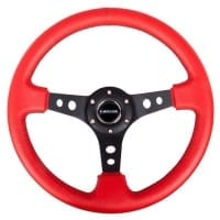 NRG Reinforced Steering Wheel – 350mm Sport Steering Wheel (3″ Deep) – Black Spoke w/ Round holes / Red Leather / Black Stitch